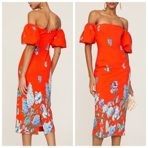 Cara Cara Karene Floral Poppy Puff Sleeve Midi Dress Orange - Size 8